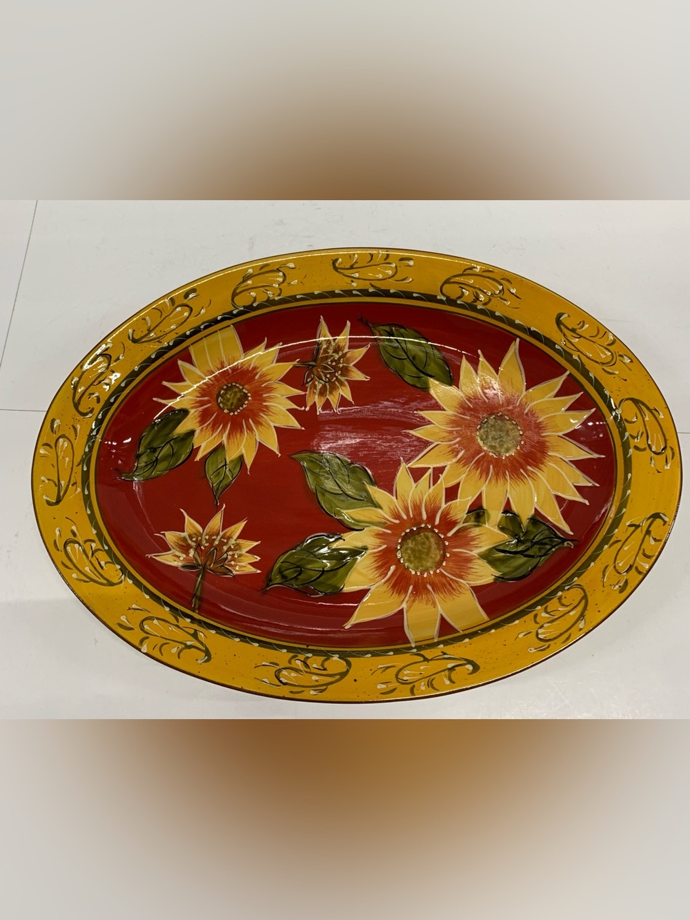 Hand-Painted Sunflower Ceramic Platter - Red & Yellow